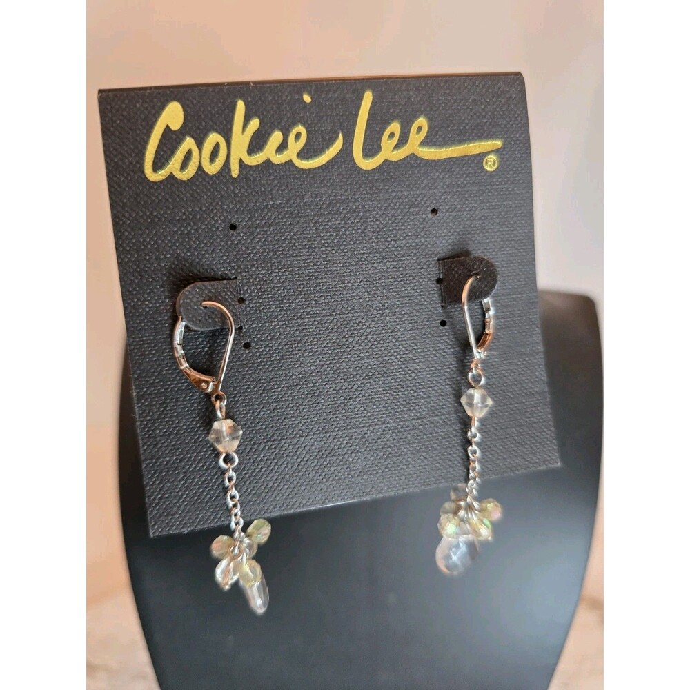 Cookie Lee Crystal Dangle Earrings Clear AB Bead Drop Silver Tone Jewelry #354